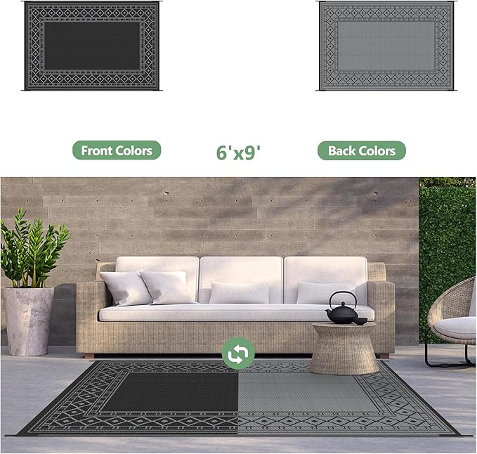 GENIMO Outdoor Rug Waterproof 6'x9' for Patio, Foldable Reversible Plastic Straw Carpet for Travel Trailers, Outside Area Mat for Rv, Deck, Picnic, Porch, Camper, Balcony, Beach, Black & Grey-HomvellaHome