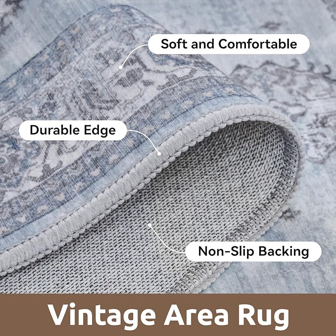 AMOAMI-Vintage Area Rug 3x5 Blue Rugs for Living Room-Soft Washable Rug Non Slip Entryway Rug Indoor Vintage Throw Accent for Bedroom Laundry Room Dining Bathroom Bedside-HomvellaHome