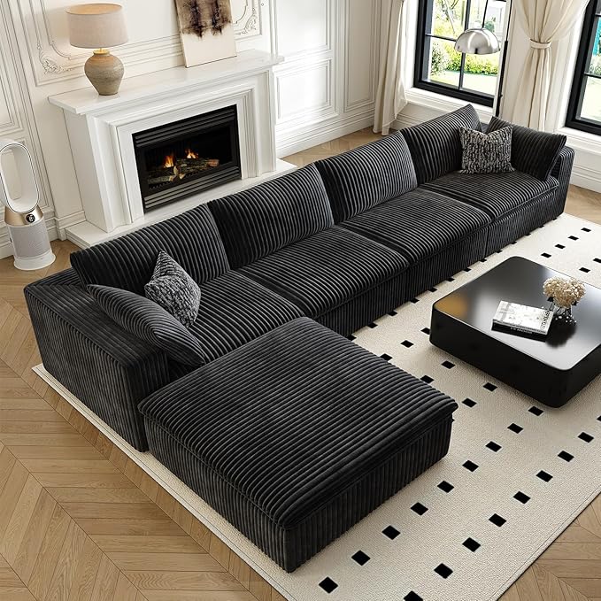 157.5" Cloud Couch Modular Sectional Sofa for Living Room,Modern Sofa with Deep Seat，L-Shape Boneless Couch with Ottoman,Comfy Upholstered Corduroy Couches for Apartment, Studio, Office,Bedroom，Black-HomvellaHome
