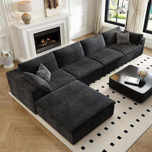 157.5" Cloud Couch Modular Sectional Sofa for Living Room,Modern Sofa with Deep Seat，L-Shape Boneless Couch with Ottoman,Comfy Upholstered Corduroy Couches for Apartment, Studio, Office,Bedroom，Black-HomvellaHome