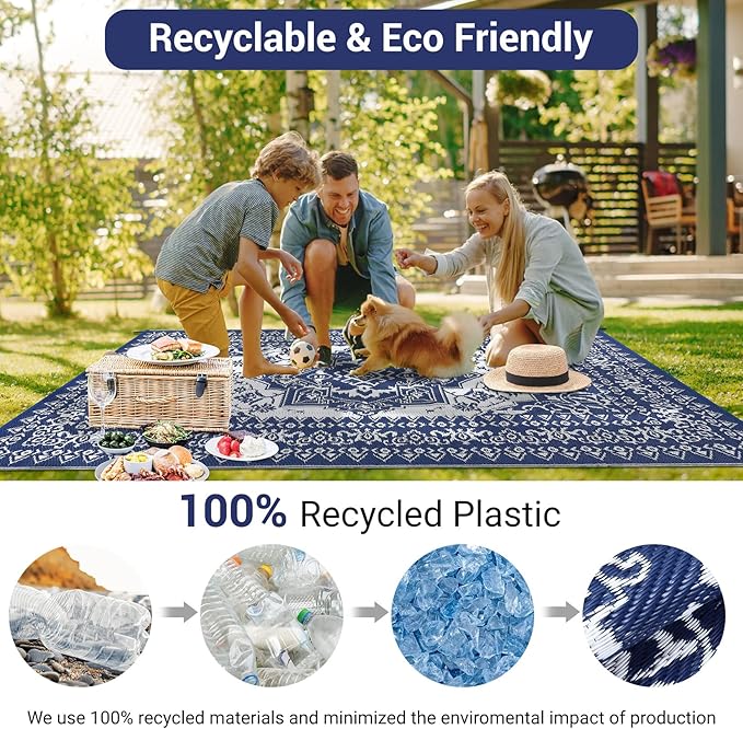 GAOMON Patio Rugs Outdoor 8x10 Waterproof Reversible Plastic Straw Rug, Large UV-Resistant Portable RV Camping Mats, Indoor Outdoor Medallion Carpet for Deck Porch Garden, Dark Blue & White-HomvellaHome