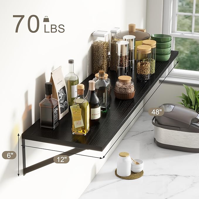 12 Inch Deep Floating Shelves, Black Floating Shelves 48W x 12D, Deep Wall Shelves Bracket Set of 2, Large Display Hanging Floating Shelf for Bathroom, Living Room, Wide Storage Wooden Wall Shelf-HomvellaHome