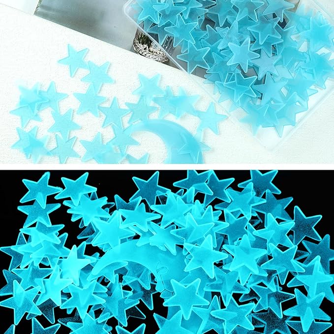 100 Stars and 1 Moon Glow in The Dark Luminous Fluorescent 3D Plastic Glow Stars Moon for Ceiling, Glowing Wall Stickers Create a Realistic Starry Sky, Room Decorations (Blue)-HomvellaHome