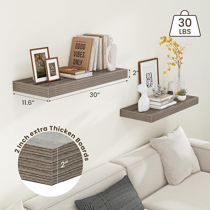 12 Inch Deep Floating Shelves for Wall | 30 Inch Floating Shelves Set of 2 | Rustic Grey Wood Shelves for Living Room Bathroom Laundry Room Bedroom Kitchen Home Office - Rustic Grey-HomvellaHome