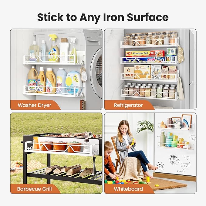 16.9 Inch Wide Large Capacity Magnetic Spice Rack for Refrigerator, 4 Pack Metal Fridge Shelf, White-HomvellaHome