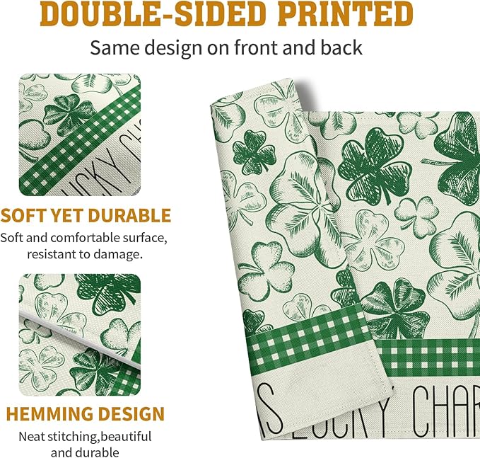 Green Shamrock St Patricks Day Placemats Set of 4 Lucky Clover Plaid Check Table Mat 12x18 Inch St. Patrick's Day Seasonal Holiday Place Mats Spring Linen Placemat for Party Kitchen Dining Decor-HomvellaHome
