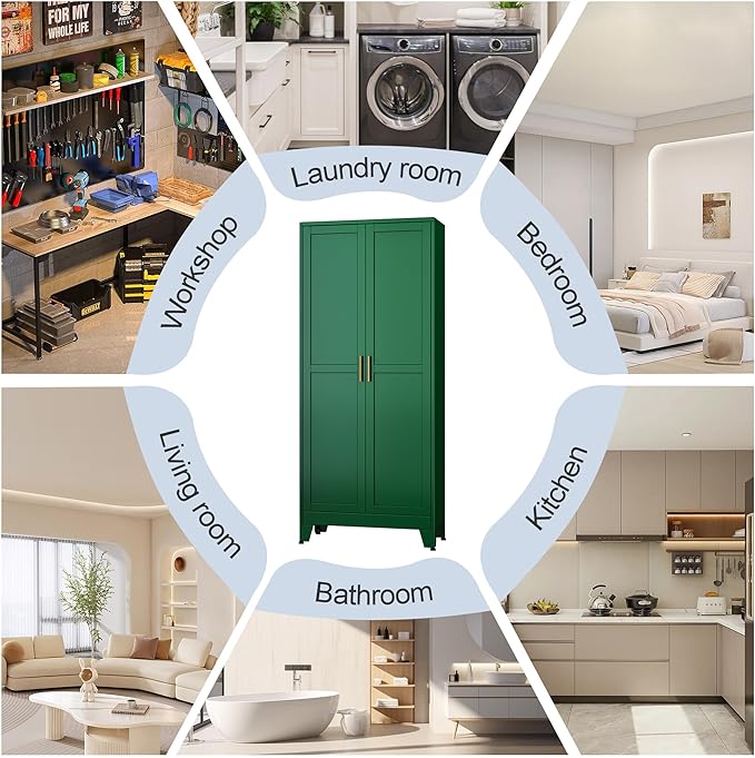 Green Metal Storage Cabinet,75" Steel Cabinets for Home Office, Kitchen Pantry Storage Cabinet with Doors and 5 Adjustable Shelves, Tool Cabinets, for Office, Home, Garage, School-HomvellaHome