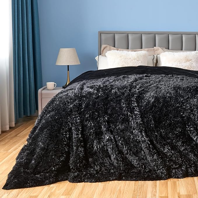 GONAAP Fuzzy Faux Fur Throw Blanket Queen Size Black Super Soft Cozy Plush Fuzzy Shaggy Blanket for Couch Sofa Bed (Black, Queen(90"x90"))-HomvellaHome