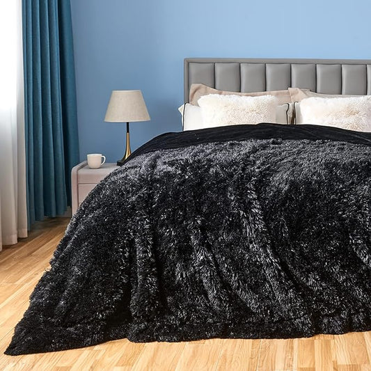 GONAAP Fuzzy Faux Fur Throw Blanket Queen Size Black Super Soft Cozy Plush Fuzzy Shaggy Blanket for Couch Sofa Bed (Black, Queen(90"x90"))-HomvellaHome