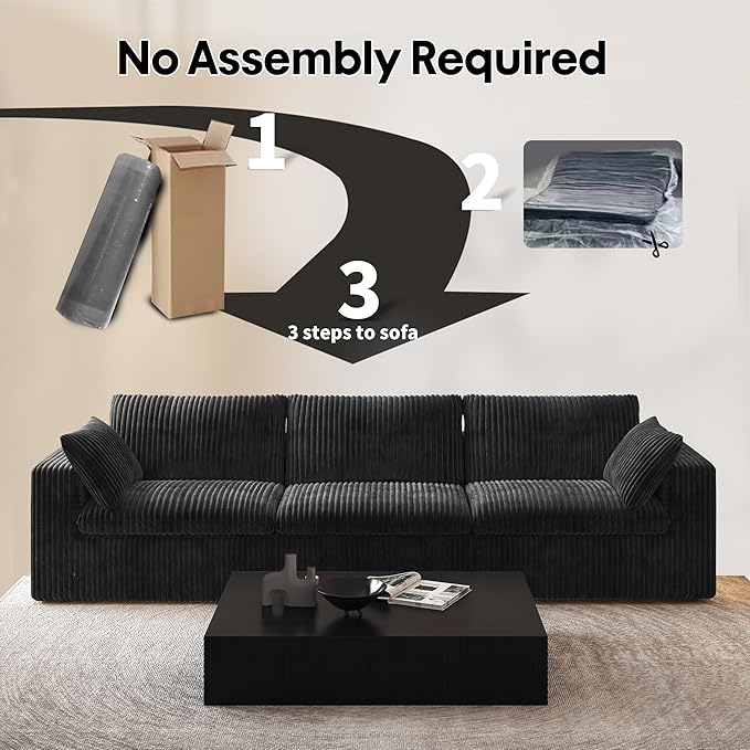 118" 3-Seater Cloud Sofa,Modular Sectional Couch,Modern Deep Seat Upholstered Couches with Plush Corduroy Fabric for Living Room Furniture,Bedroom and Apartment,No Assembly Required,Black-HomvellaHome