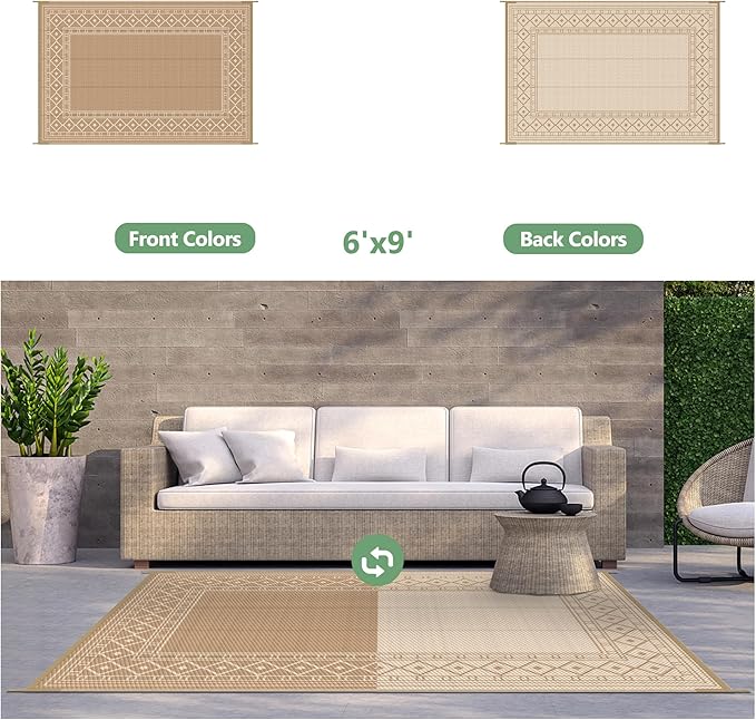 GENIMO Outdoor Rug Waterproof 6'x9' for Patio, Foldable Reversible Plastic Straw Carpet for Travel Trailers, Outside Area Mat for Rv, Deck, Picnic, Porch, Camper, Balcony, Beach, Brown & Beige-HomvellaHome