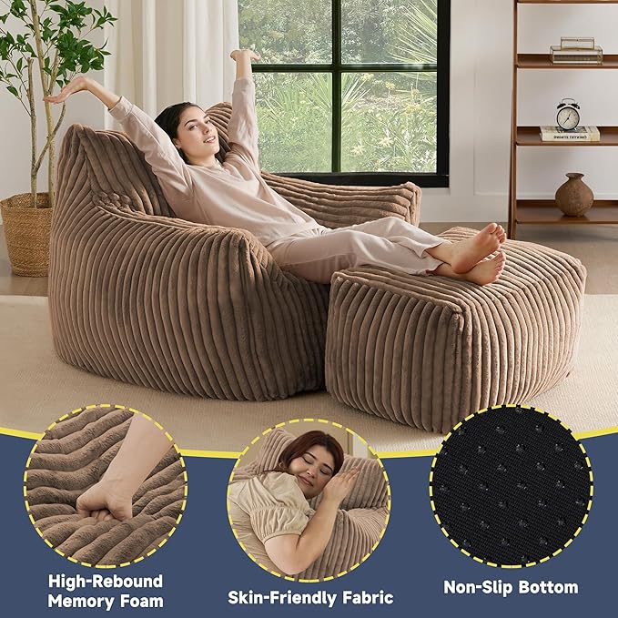 Giant Bean Bag Chairs for Adults, Oversized Chaise Lounge Chair Indoor with Memory Foam - Plush Boneless Lounger & Ottoman for Bedroom, Living Room, Gaming & Reading, Lazy Floor Sofa Chair, Khaki-HomvellaHome