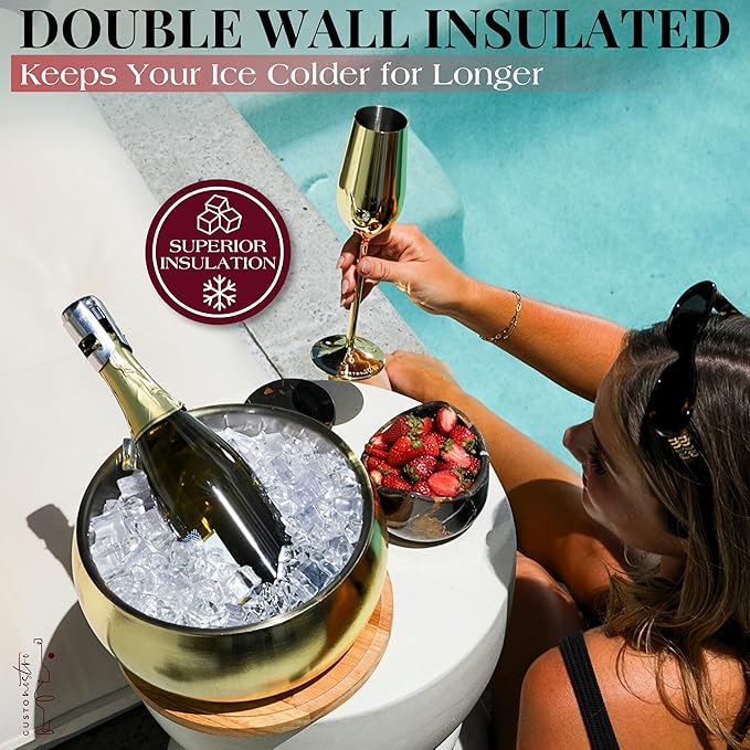 Gusto Nostro 4.1L Insulated Ice Bucket with Lid and Tongs, Double Wall Stainless Steel Ice Bucket Large, BPA Free Ice Bucket for Cocktail Bar, Keeps Champagne, Wine, Beer Chill for Parties (Gold)-HomvellaHome