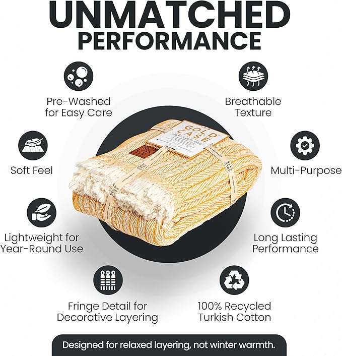 Gold Case Throw Blanket for Couch – 100% Recycled Turkish Cotton Blankets & Throws – Elegant Decorative Throw Blankets for Living Room Sofa – Woven Throws for Couch – Vintage Mustard – 50x60-HomvellaHome