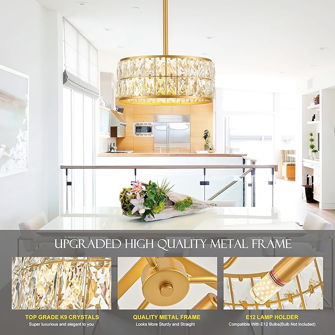 12” 3-Light Modern Crystal Chandeliers Gold Dinning Room Light Fixture, Round Pendant Light Kitchen Island Chandelier, Flush Mount Ceiling Light for Living Room Entryway Bedroom Foyer-HomvellaHome