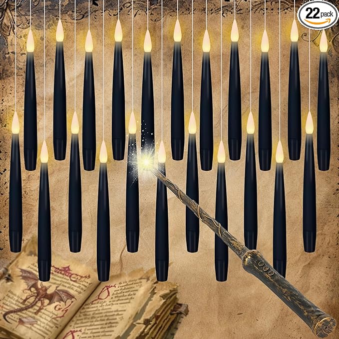 GenSwin 22pcs Flameless Floating Candle with Magic Wand Remote Timer, Battery Operated Hanging Window Candles Flickering, 6.1" LED Electric Candles for Christmas Halloween Decorations(Black)-HomvellaHome