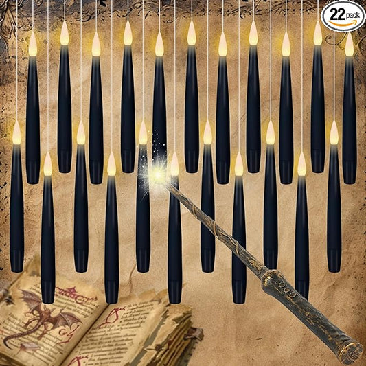 GenSwin 22pcs Flameless Floating Candle with Magic Wand Remote Timer, Battery Operated Hanging Window Candles Flickering, 6.1" LED Electric Candles for Christmas Halloween Decorations(Black)-HomvellaHome