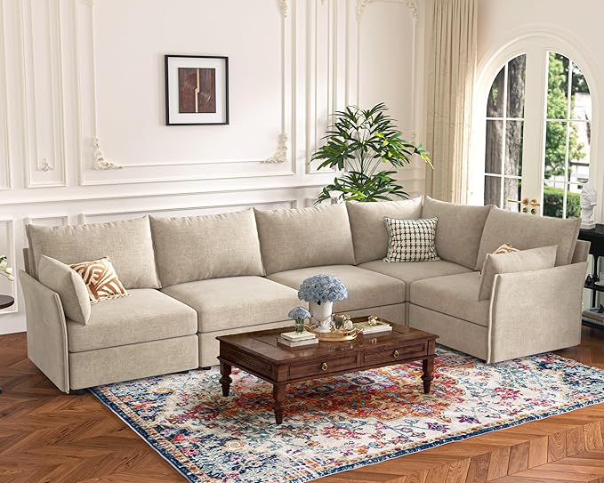 135.5" Oversized Modular Sectional Sofa, L Shaped Convertible Couch with Movable Ottoman, 5 Seat Corner Couches for Living Room Deep Seat Beige Chenille-HomvellaHome