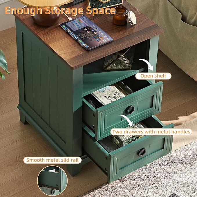 18" Farmhouse Night Stands Set of 2 with Charging Station, 2 Drawers Bedside End Table, Green Wooden Nightstand, Bed Side Table Cabinet with Open Shelf for Bedroom Living Room Office-HomvellaHome