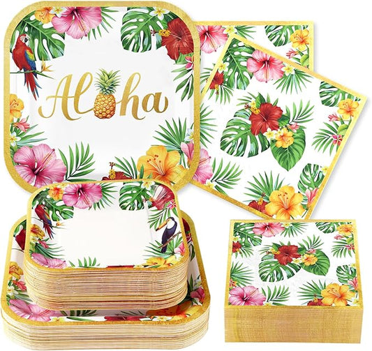 Grencian 200Pcs Hawaiian Luau Party Decorations Aloha Tropical Hibiscus Floral Luau Plates and Napkins Palm Leaf Tableware Sets for Summer Holiday Hawaiian Birthday Dinner Party Supplies Serves 50-HomvellaHome