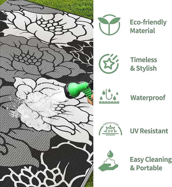 GENIMO Outdoor Rug Waterproof for Patio Decor, 8' x 10' Reversible Plastic Straw Floral Camping Carpet, Large Area Rugs Mats for RV, Camper, Deck, Balcony, Porch, Beach, Picnic, Mix-Black & White-HomvellaHome