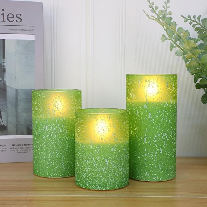 Green Flameless Candles with Remote, Glass LED Pillar Battery Operated Candles with Timer, Flickering Decorative Lights for Home Weddings Holidays Gift Set of 3-HomvellaHome