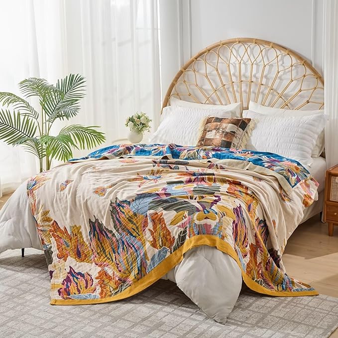 100% Muslin Throw Blanket for Couch, Butterfly and Floral Double Embroidery Summer Throw Blanket 60"x80" for Bed, Chair, Woven Cotton Reversible Mexican Blanket-HomvellaHome