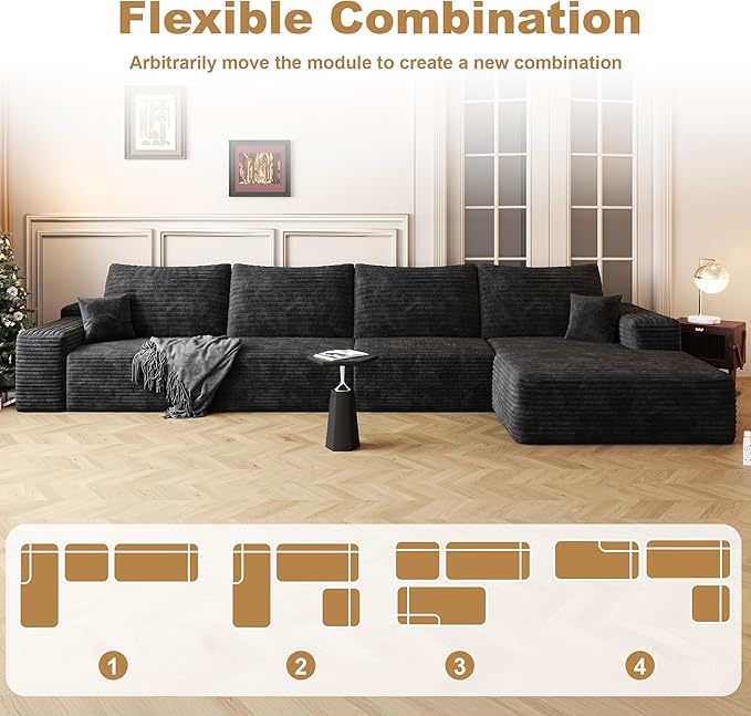 136" Sectional Couches for Living Room Modern Modular Sofa with L-Shape Couchs Upholstered Boneless Couch Deep Seat Sectional Couch with Chaise (Black, Right Facing Chaise+3Seaters)-HomvellaHome