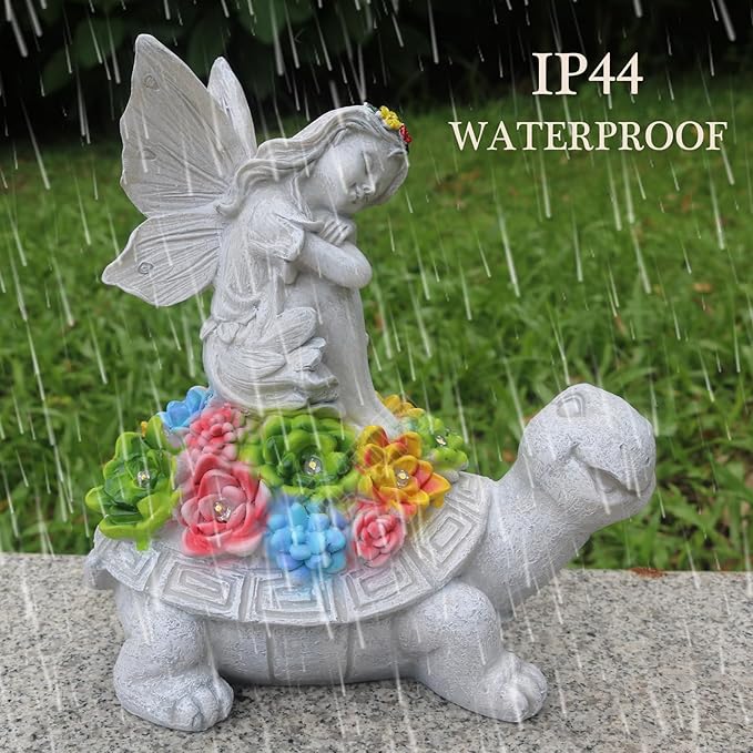 Garden Statues Outdoor Decorations Solar Turtle Angels Decor with Succulents LED Lights Garden Ornaments Figurines for Patio Yard Lawn Gifts for Women Grandma-HomvellaHome
