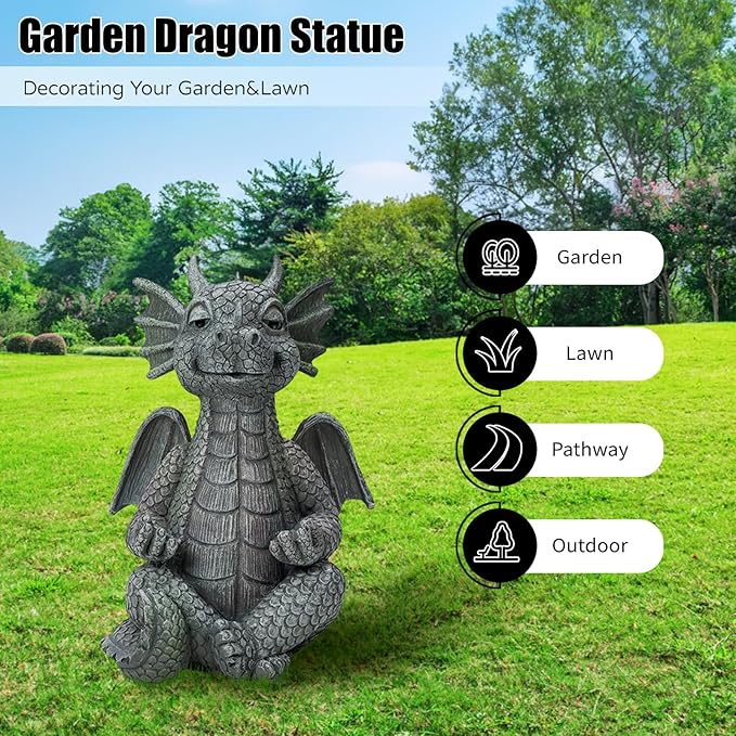 Garden Dragon Statue Decor - Meditation Dragon Sculpture Figurine Outdoor Decoration, Zen Yoga Garden Art Sculpture for Patio Lawn Yard Balcony Indoor Decor(Hands Flat)-HomvellaHome