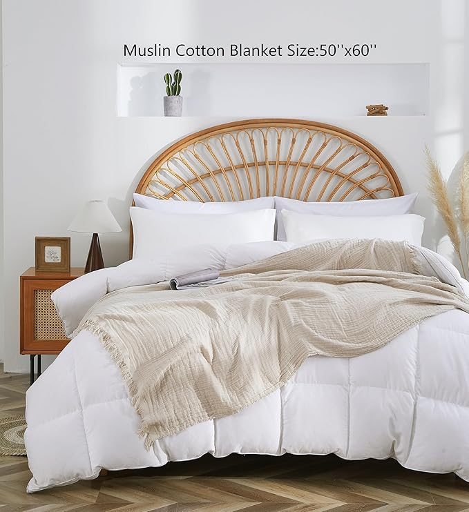 100% Cotton Muslin Throw Blanket for Bed, Couch, Small, Decorative, Soft, Pre-Washed, Breathable and Lightweight Gauze Blanket with Tassels, Suitable for All Seasons, Beige, 50"x60"-HomvellaHome