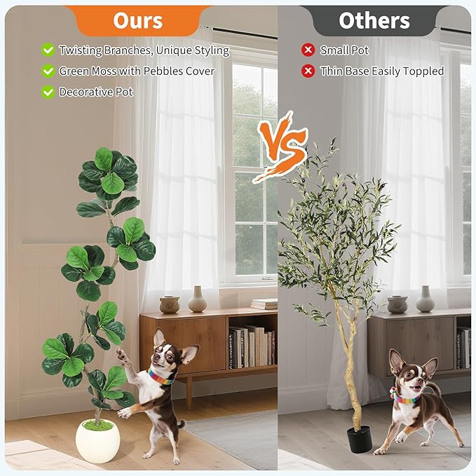 GarveeHome Fiddle Leaf Fig Artificial Tree with White Planter,6ft Faux Plants Indoor with Moss, Fake Rubber Tall Fake Floor Plant in Pot - Artificial Trees for Home Office Living Room Decor-HomvellaHome