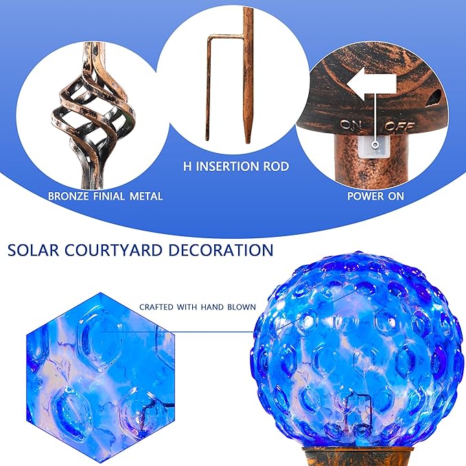 Garden Solar Lights, Decorative LED Honeycomb Glass Ball Garden Stake, Glass and Metal Outdoor Decoration, 4 x 31 Inch (Dark Blue)-HomvellaHome