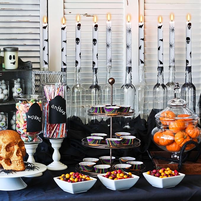 GenSwin Flameless Taper Candles with Remote Timer, 6Pcs LED Flickering Taper Candles Battery Operated Real Wax with Spider Webs/Skull/Bats Decals for Halloween Spooky Decoration (White, 0.78”x9.65”)-HomvellaHome