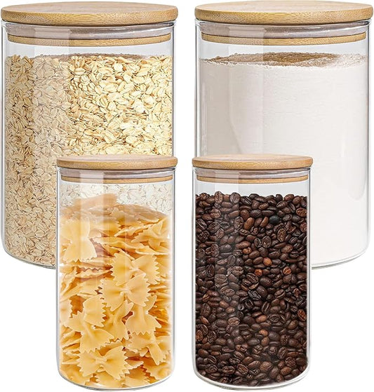 Glass Storage Jars Set Elegant Containers with Airtight Bamboo Lids, Perfect for Kitchen Organization - Flour, Rice, Pasta, Sugar, Coffee Beans (2 packs(37oz) / 2 packs(111oz))-HomvellaHome