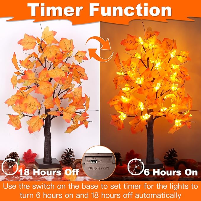 2 Pack 24 Inch Prelit Fall Maple Tree Fall Decor with 48 LEDs Timer Battery Operated Artificial Fall Light Up Tree Maple Acorn for Fall Thanksgiving Decorations Table Home Office Indoor Autumn Harvest-HomvellaHome