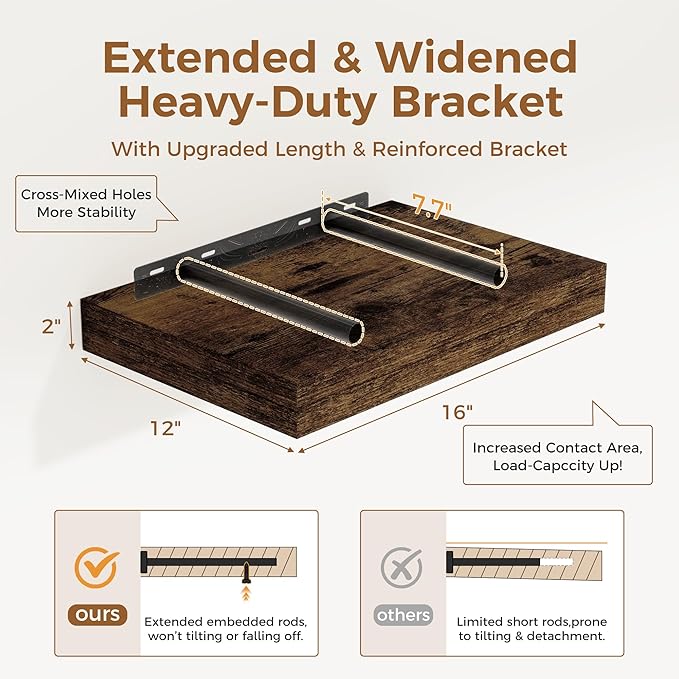 12 Inch Deep Floating Shelves, 16 x 12 Floating Shelf for Books, Rustic Wood Deep Wall Shelves for Home Storage & Display, 2" Thicked Shelves for Kitchen, Living Room, Bedroom, Rustic Brown, 2 Pack-HomvellaHome