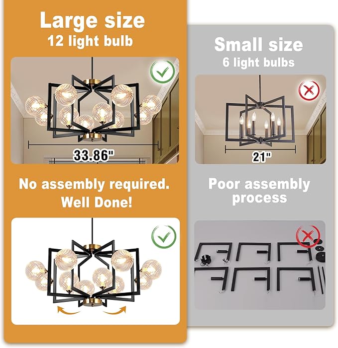 12 Light Black Farmhouse Chandelier Geometric Metal Dining Room Light Fixture Height Adjustable Black Chandeliers for Dining Room Clear Glass Farmhouse Industrial Pendant Lights for Bedroom, Entryway-HomvellaHome