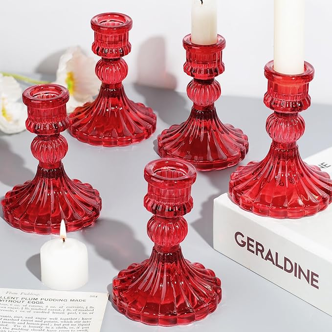 12PCS Red Candlestick Holders Set- 4" H Taper Candle Holders, Glass Candle Holders Bulk for Activities, Party, Home Table Centerpieces, Festival Gifts & Windowsill Decor-HomvellaHome
