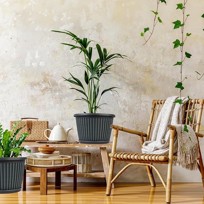 10 Inch Planter-Pots-for-Plants-Indoor-Outdoor, 4 Pack Plastic Flower Pots with Saucer & Drainage Holes, Modern Decorative Resin Garden Pots-HomvellaHome