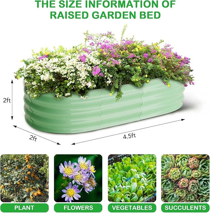 2 Pcs 4.5x2x2ft Oval Raised Garden Bed, Galvanized Raised Beds,Open-Ended Base Metal Raised Planter Beds,Garden Bed Outdoor,Planter Raised Boxes for Vegetables, Flowers,Tool-Free Asse,Green-HomvellaHome