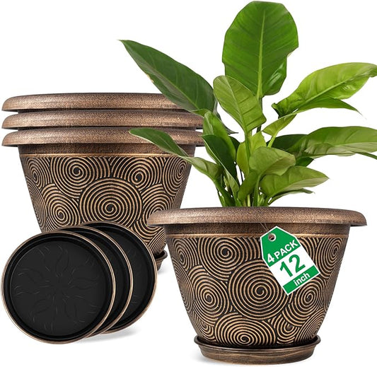 12 Inch Large Planter Pot for Plants Indoor Outdoor, 4 Pack Plastic Flower Pots with Drainage Hole & Tray, Modern Decorative Garden Pot with Saucer, Plant Container for House-HomvellaHome
