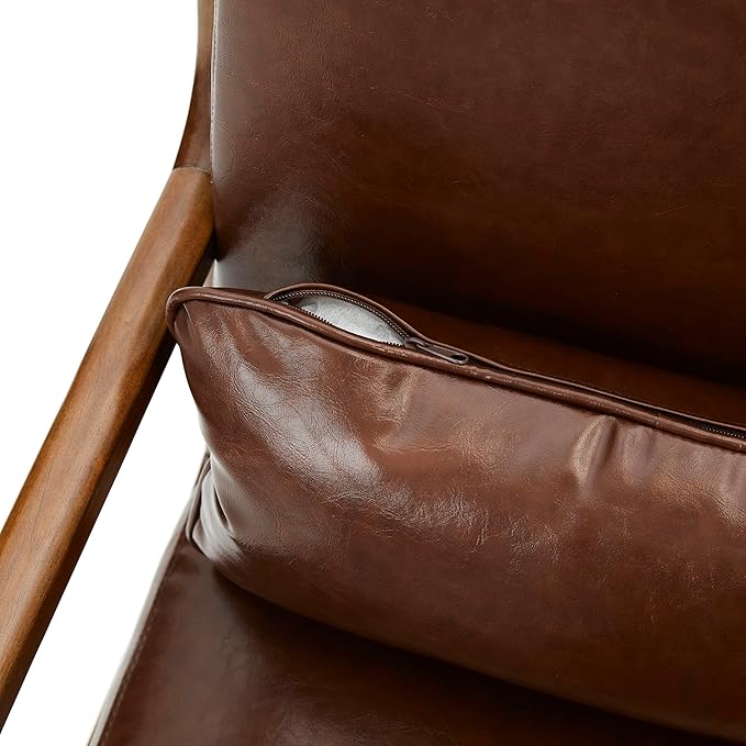 Glitzhome 30.75 "H Mid Century Coffee Accent Armchair, Single Reading Armchair PU Leather Lounge Chair with Walnut Ruberwood Frame-HomvellaHome