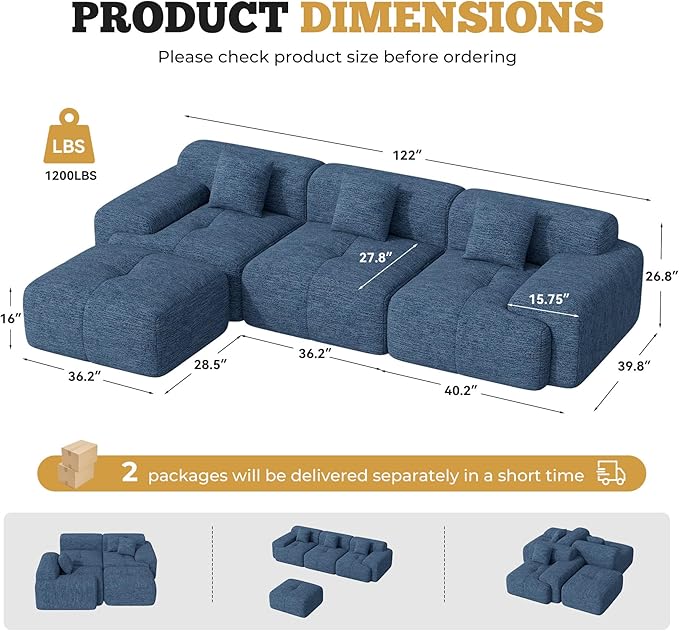 122" Modern L Shaped Modular Sectional Sofa, Boneless Couches for Living Room with Ottoman,4 Seater Convertible Chenille Cloud Couch Sofa Set, No Assembly Required, Blue 1 PCS-HomvellaHome