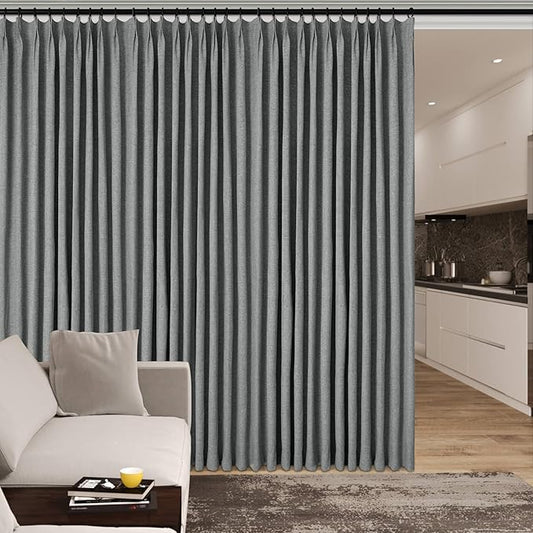 150 Inches Extra Wide Room Divider Draperies, Pinch Pleat Drapes, Absolutely Blackout Sliding Door Drapery, Total Privacy Ceiling Track Curtains, 150" W by 84" L, Mid Grey (1 Panel)-HomvellaHome