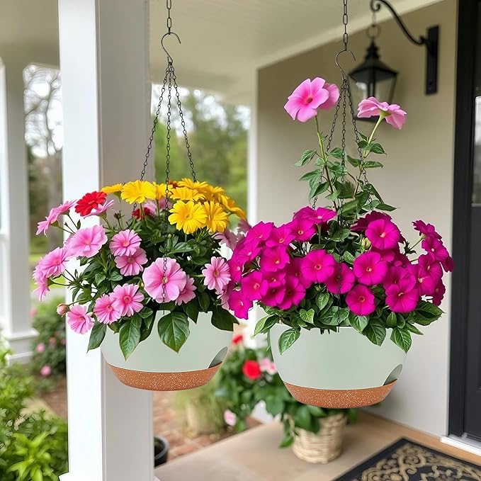 2 Pack Hanging Planters for Indoor Outdoor Plants, 12 Inch Self Watering Hanging Pot with Drainage Holes and Saucer, Plastic Plant Pots, Green Brown Flower Pots for Kitchen, Balcony, Garden-HomvellaHome