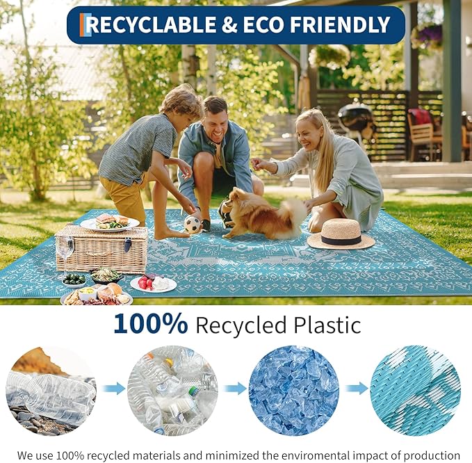 GAOMON Outdoor Rug Waterproof 9x12 Patio Rugs Reversible Plastic Straw Rug, Large UV-Resistant Portable RV Camping Mats, Indoor Outdoor Medallion Carpet for Deck Porch Garden, Light Blue & White-HomvellaHome