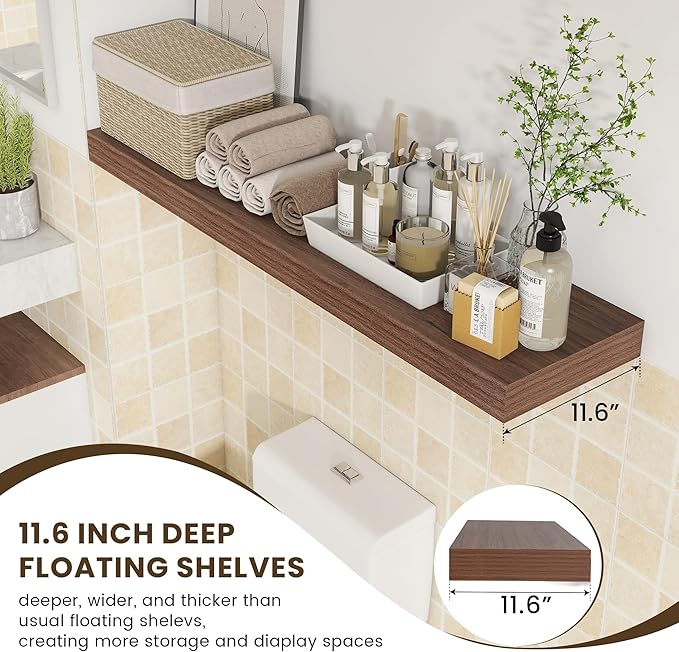 12 Inch Deep Floating Shelves, 48W x 12D Rustic Large Floating Shelves, Deep Walnut Wood Wall Shelves Set of 1 for Living Room Bathroom Laundry Room Bedroom Kitchen Home Office - Walnut-HomvellaHome