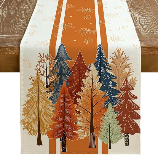 GEEORY Fall Watercolor Trees & Maple Leaves Striped Table Runner 13x60 Inch, Rustic Farmhouse Autumn Thanksgiving Decor for Kitchen, Dining, Indoor/Outdoor Holiday Dinner Party Orange GT157-60-HomvellaHome