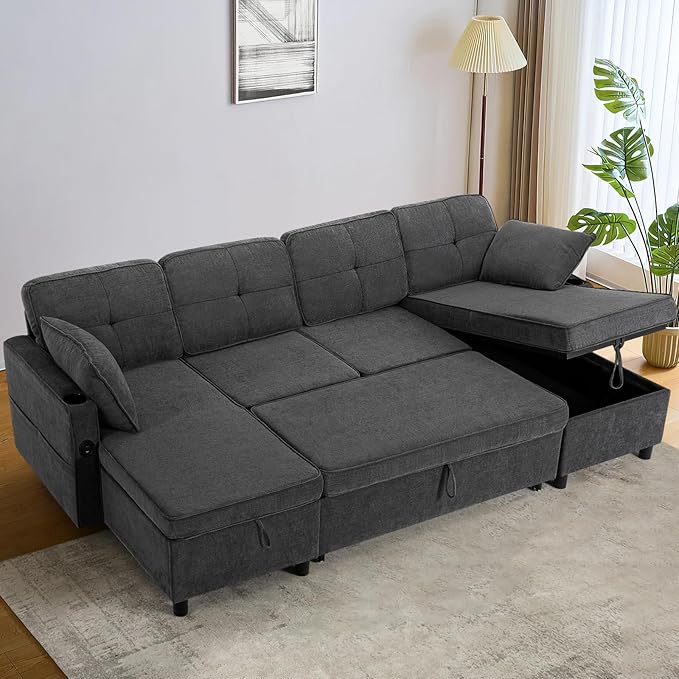 110 Inches Chenille Sectional Sofa w/Adjustable Back & Pull Out Sofa Bed, Tufted U Shaped Couch w/Two Storage Chaises, Sleeper Sectional Sofa w/USB Port & Cup Holders for Living Room, Grey-HomvellaHome